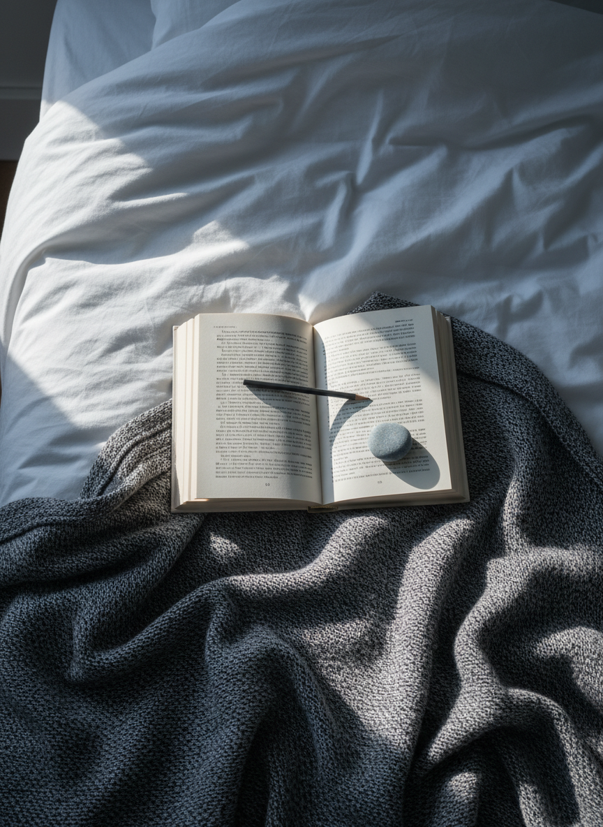 An overhead photographic view of a neatly made bed with crisp white sheets and a single, slightly rumpled dark grey throw blanket pulled back, suggesting recent restless thinking. On the blanket lies an open hardcover book with a few margin notes visible, a slim graphite pencil resting across the spine, and a small, smooth river stone placed on the page as an improvised weight. Soft, cool morning light seeps in from an unseen window, creating gentle gradients of brightness across the fabric folds. The composition uses minimalist, clean lines and negative space to emphasize quiet introspection. The mood is serene yet emotionally charged, capturing the private, conversational nature of intimate thoughts that surface only in solitary moments.