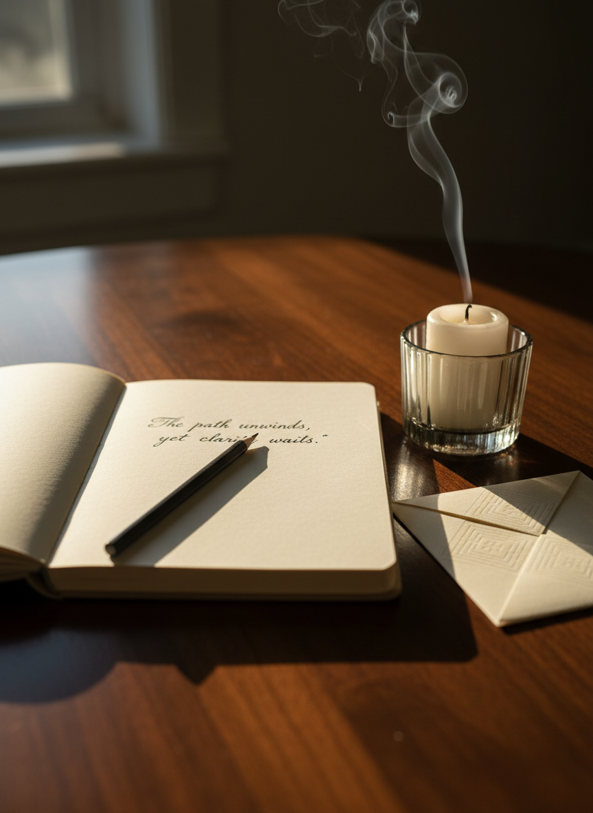 A close-up of a dark, polished wooden table with several small objects arranged as if in the middle of a thinking ritual: an open notebook with only a few carefully chosen lines, a single graphite pencil sharpened to a precise point, and a folded piece of paper with subtle, embossed texture. Beside them, a delicate, smoky grey glass candle holder contains a half-burned candle, its wick just extinguished, a wisp of smoke spiraling upward into the air. Late-afternoon light from a side window grazes the tabletop, creating deep, soft shadows and highlighting the textures of paper and wood. Photographic realism, shot from a low, intimate angle with tight framing and shallow depth of field, evokes the moment just after an intense internal conversation pauses to breathe.