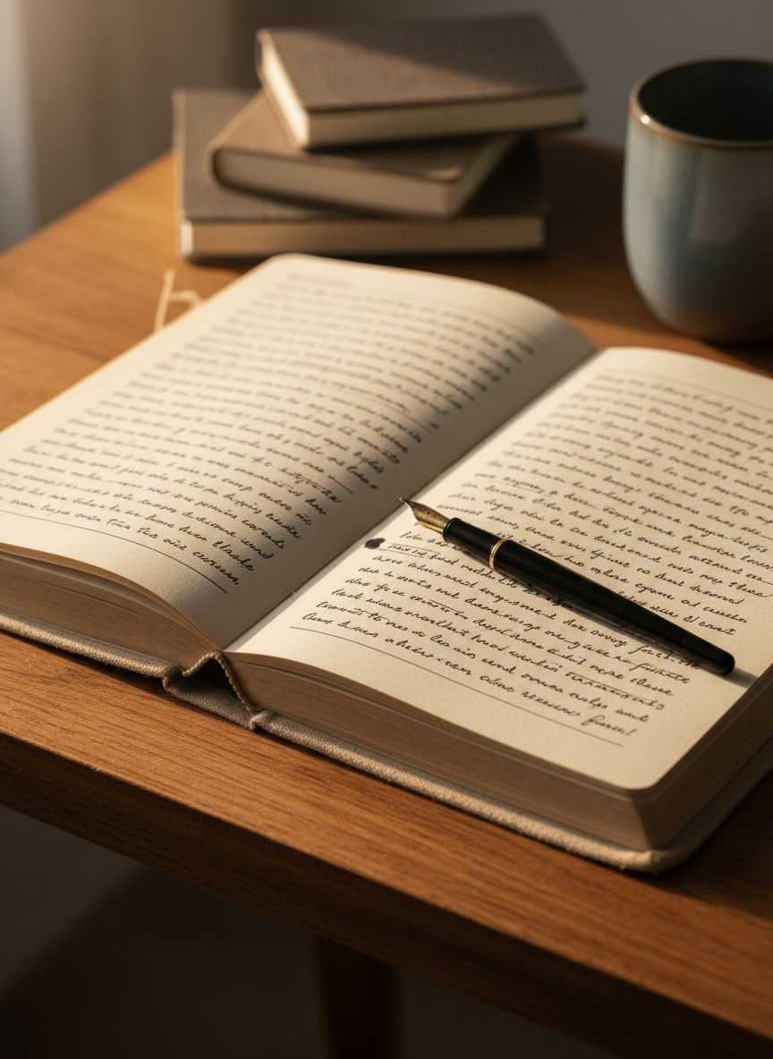 A well-worn, linen-bound journal lying open on a small wooden desk, its cream pages filled with dense, neat handwriting and a few underlined phrases, as if capturing an intimate ongoing conversation with oneself. A single black fountain pen rests diagonally across the page, a faint ink smudge near the margin suggesting recent thought. Soft morning light filters through an unseen window from the left, casting gentle, elongated shadows and a warm glow on the wood grain. The background is softly blurred: a stack of closed notebooks and a ceramic mug out of focus. Photographic realism, eye-level composition with a shallow depth of field, creating a quiet, contemplative mood that invites the viewer into the private world of written thoughts.