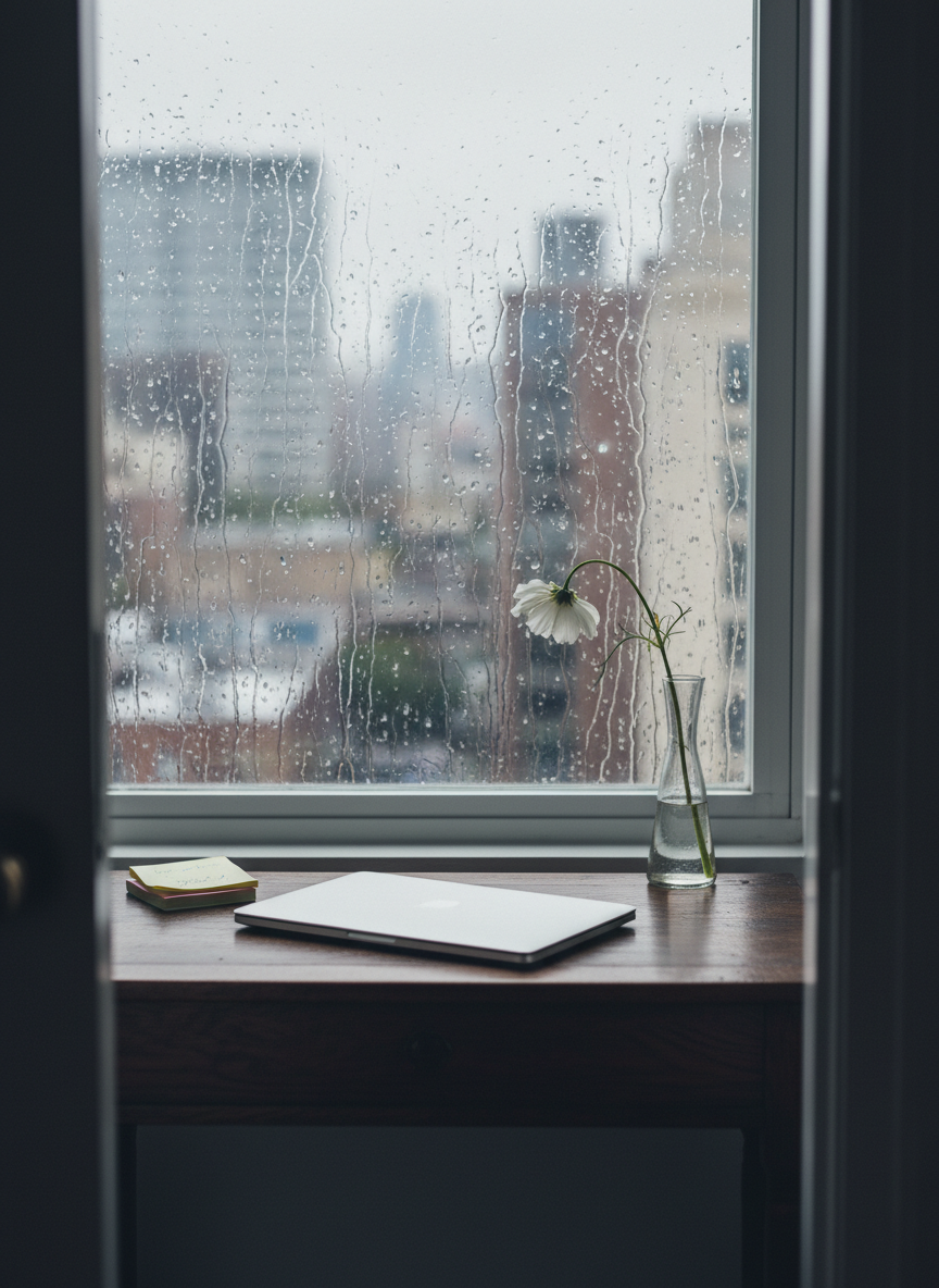 A narrow wooden writing desk pushed against a large window on a rainy afternoon, droplets streaking down the glass in soft focus beyond. On the desk, a slim laptop is slightly open beside a small stack of sticky notes with faint, barely legible scribbles hinting at fragmented ideas. A single, slender glass vase holds one slightly wilted white flower, symbolizing delicate, evolving thoughts. Natural, diffused grey light filters through the window, wrapping everything in a calm, introspective tone. Captured at an angle from the doorway with photographic realism, using the rule of thirds and a shallow depth of field that keeps the desk in crisp focus while the rainy city outside melts into a gentle blur, reinforcing an atmosphere of internal dialogue amidst external noise.
