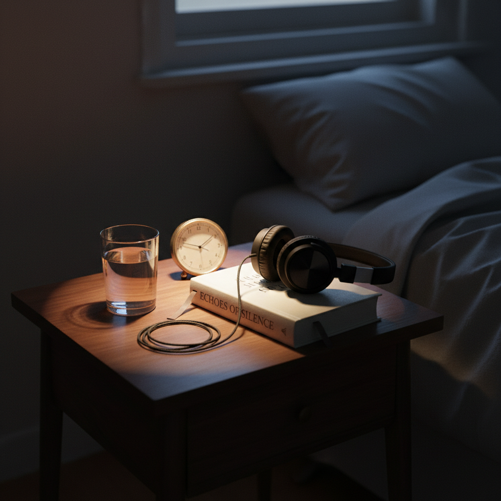 A minimalist bedside table in a dim, quiet bedroom, with a sleek glass of water half full, a small analog clock, and a single hardcover book slightly ajar, exposing a bookmarked page. A pair of over-ear headphones rests gently against the book, cable coiled loosely, evoking the feeling of late-night internal conversations and reflective listening. The scene is illuminated by the warm, low glow of a single bedside lamp, creating soft pools of light and gentle shadows that fade into darkness. Shot from a slightly elevated angle in photographic realism, with the focus on the objects and a velvety, out-of-focus background, the atmosphere feels intimate, sophisticated, and inward-looking, like the quiet space where unspoken thoughts gather.